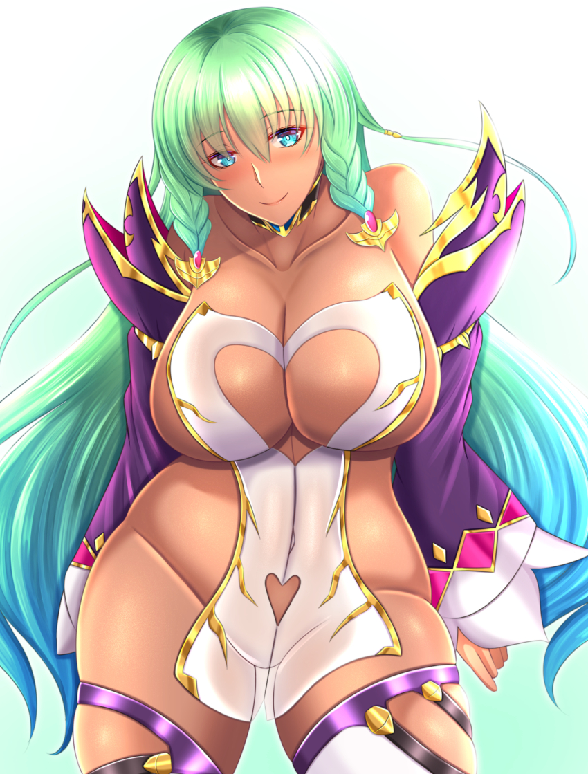 1girl, absurdres, anna_(taimanin_rpgx), aqua_eyes, blush, cleavage_cutout, clothing_cutout, curvy, dark_skin, green_hair, heart_cutout, highres, kanna_(minamozuki), long_hair, nail_polish, phantasma_(taimanin_rpgx), shiny_skin, simple_background, taimanin_(series), taimanin_rpgx, very_long_hair, wide_hips