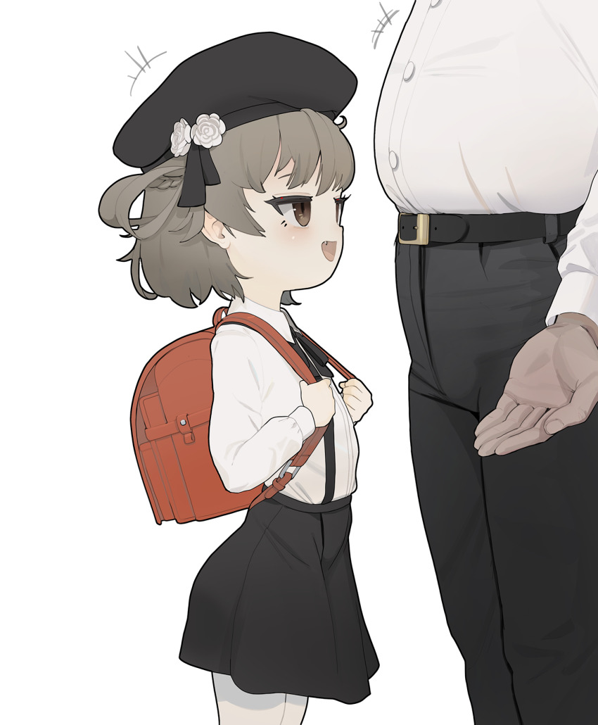 1boy, 1girl, backpack, bag, belt, blue_borscht, braid, collared_shirt, ears, fang, flat_cap, flower, from_side, hat, hat_flower, hatoba_tsugu, head_out_of_frame, highres, loli, long_hair, looking_at_another, looking_up, open_mouth, pants, pantyhose, randoseru, ribbon, rose, shirt, short_hair, skirt, sleeve_cuffs, standing, strap, tagme, tsugu_(vtuber), virtual_youtuber, white_background, white_pantyhose