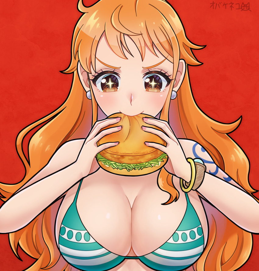 !, 1girl, absurdres, artist_name, artist_request, bangle, bare_shoulders, bikini, bikini_top_only, blush, bracelet, breasts, brown_eyes, burger, chicken_(food), chicken_sandwich, cleavage, earrings, eating, eyelashes, eyeliner, female_focus, food, green_bikini, highres, japanese_text, jewelry, large_breasts, lettuce, log_pose, long_hair, makeup, mcdonald's, nami_(one_piece), nami_(one_piece)_(return_to_sabaody), obakeneko, official_alternate_costume, one_piece, orange_hair, sideboob, solo, striped_bikini, striped_clothes, swimsuit, tagme, tattoo, toei_company, translation_request, upper_body, white_background, white_trim