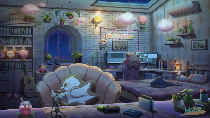 absurdly_detailed_composition, acoustic_guitar, air_conditioner, animal_ears, auroralive, bedroom, bird, birdcage