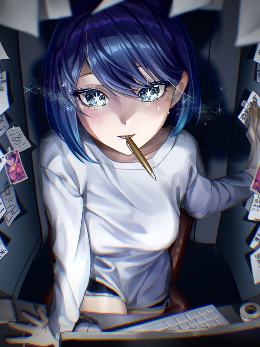 1girl, arm_support, black_shirt, blue_eyes, blue_hair, blurry, blurry_foreground, blush