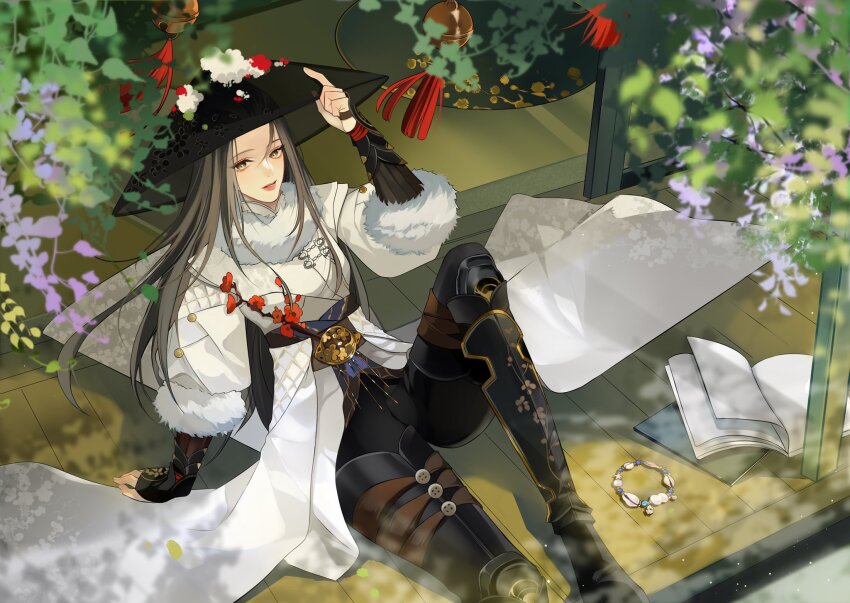 1girl, ahk_dh, black_gloves, black_hair, black_headwear, black_pants, book, chinese_clothes, coat, fingerless_gloves, gloves, gu_qinghan_(yong_jie_wujian), highres, lips, long_sleeves, looking_at_viewer, looking_back, pants, second-party_source, sitting, solo, white_coat, wind_chime, yong_jie_wujian