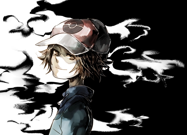 10s, 1boy, bad_id, bad_pixiv_id, baseball_cap, brown_eyes, brown_hair, hat, hilbert_(pokemon), male_focus, marui_happa, nintendo, pokemon, pokemon_black_and_white, smirk, solo