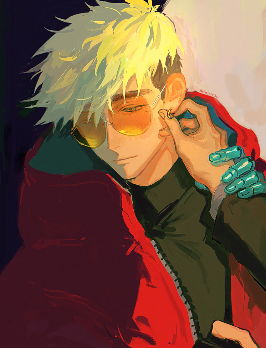 2boys, averting_eyes, black_hair, black_shirt, blonde_hair, blue_eyes, closed_mouth, earrings