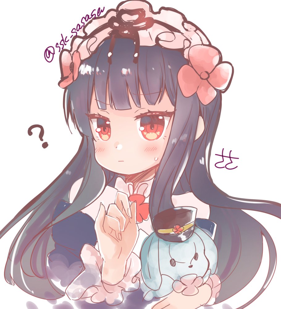 1girl, ?, artist_name, black_hair, blunt_bangs, blush, closed_mouth, collared_shirt