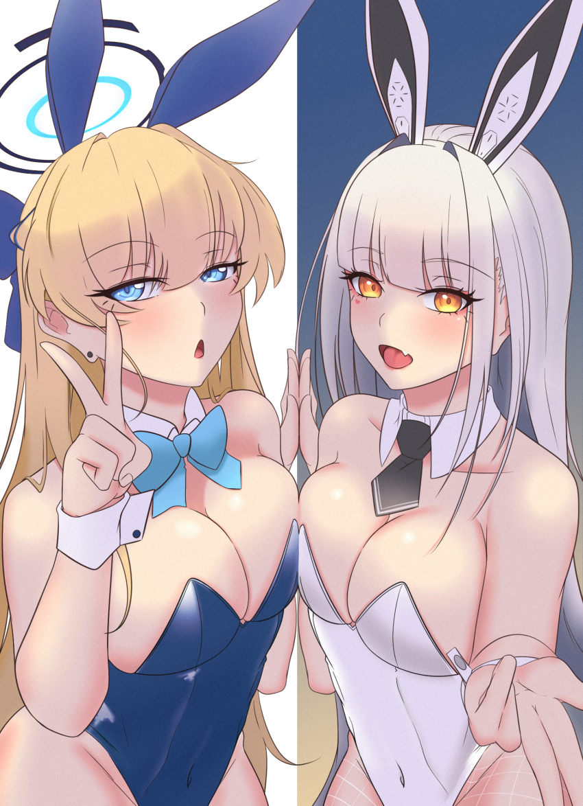 2girls, animal_ears, aqua_bow, aqua_bowtie, arm_behind_back, ascot, bare_shoulders, black_ascot, blanc_(nikke), blonde_hair, blowing_kiss, blue_archive, blue_bow, blue_eyes, blue_hairband, blue_leotard, blunt_bangs, blush, bow, bowtie, braid, breast_press, breasts, briefcase, cleavage, contrapposto, crossover, detached_collar, earpiece, fake_animal_ears, fake_tail, goddess_of_victory:_nikke, hair_bow, hairband, half_up_braid, halo, highleg, highleg_leotard, highres, kana_(4276zero), leotard, long_hair, looking_at_viewer, medium_breasts, multiple_girls, nail_polish, official_alternate_costume, playboy_bunny, rabbit_ears, rabbit_tail, raised_eyebrows, smile, standing, strapless, strapless_leotard, tail, thighhighs, toki_(blue_archive), toki_(bunny)_(blue_archive), v, very_long_hair, w, white_hair, white_leotard, white_nails, white_thighhighs, white_wrist_cuffs, wrist_cuffs, yellow_eyes