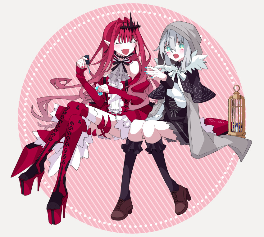 2girls, :d, :o, ^_^, absurdres, add_(fate), ahoge, applying_manicure