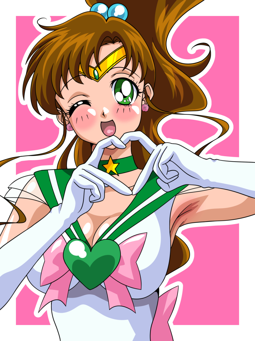 1girl, bishoujo_senshi_sailor_moon, blush, breasts, brown_hair, cleavage, earrings, gloves