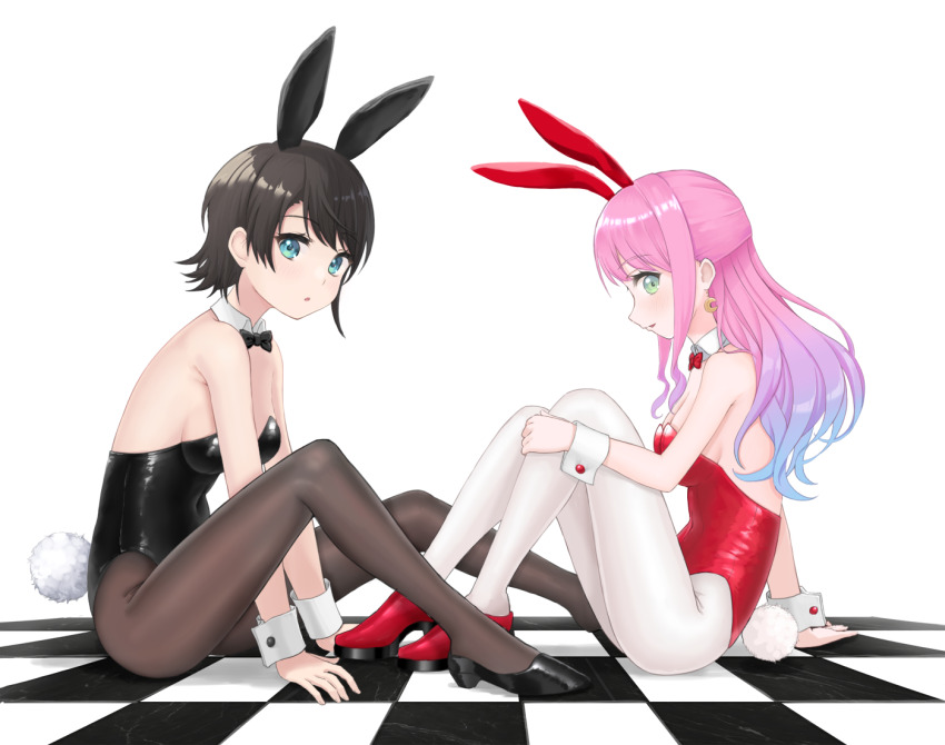 2girls, animal_ears, black_footwear, black_hair, black_leotard, black_pantyhose, blue_eyes, bow