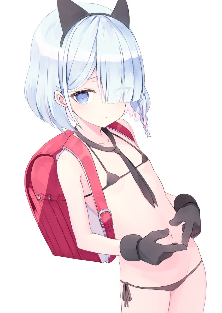 1girl, animal_ears, arona_(blue_archive), backpack, bad_id, bad_twitter_id, bag, bikini