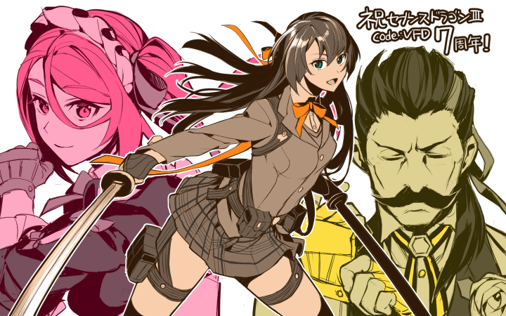 1boy, 2girls, 7th_dragon_(series), 7th_dragon_iii, adjusting_clothes, adjusting_gloves, belt_pouch, bow