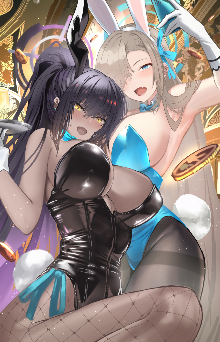 2girls, animal_ears, asuna_(blue_archive), asuna_(bunny)_(blue_archive), bare_shoulders, black_hair, black_leotard, blue_archive