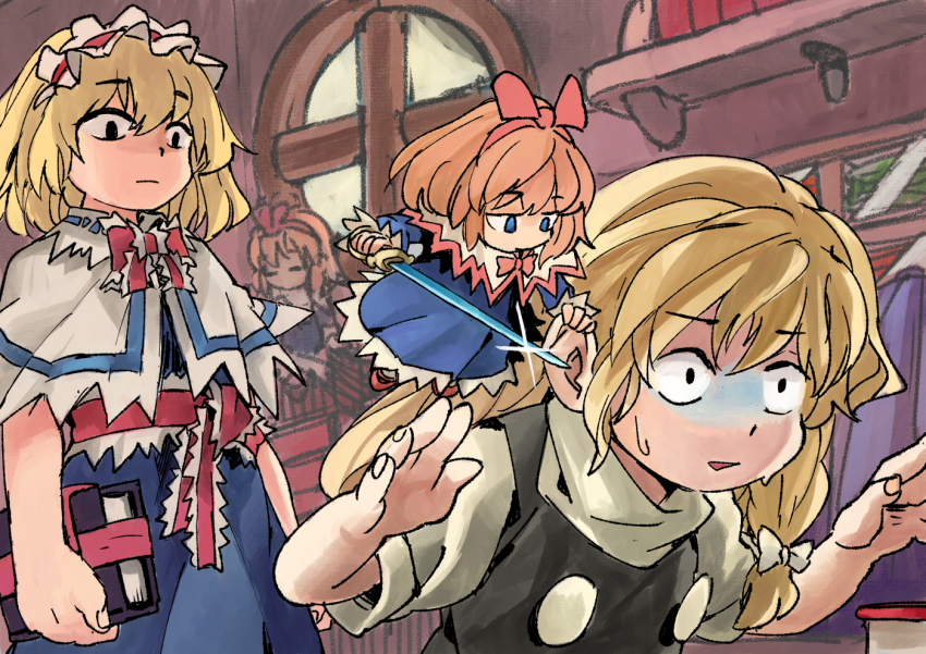 4girls, alice_margatroid, black_dress, blonde_hair, blue_eyes, book, doll, dress