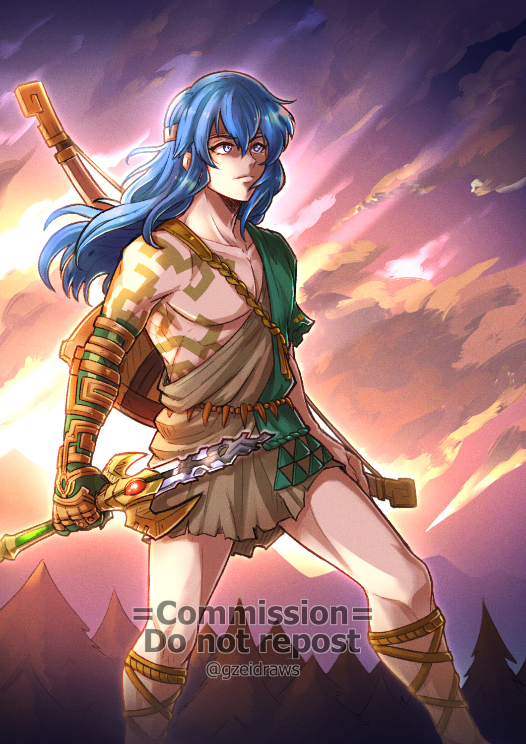 1boy, archaic_set_(zelda), blue_eyes, blue_hair, body_markings, bow_(weapon), broken, broken_sword