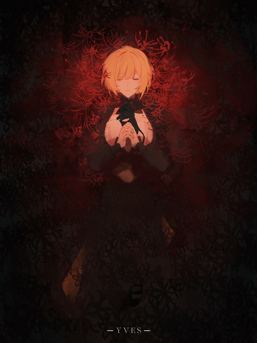 1girl, absurdres, black_sleeves, blonde_hair, ceres_(shuuen_no_virche), closed_eyes, closed_mouth, facing_viewer