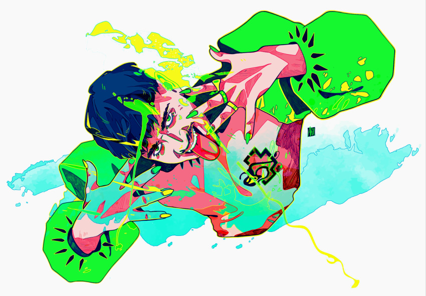 1boy, arkeresia, blue_hair, bowl_cut, chest_tattoo, down_jacket, eurovision_song_contest, green_eyes