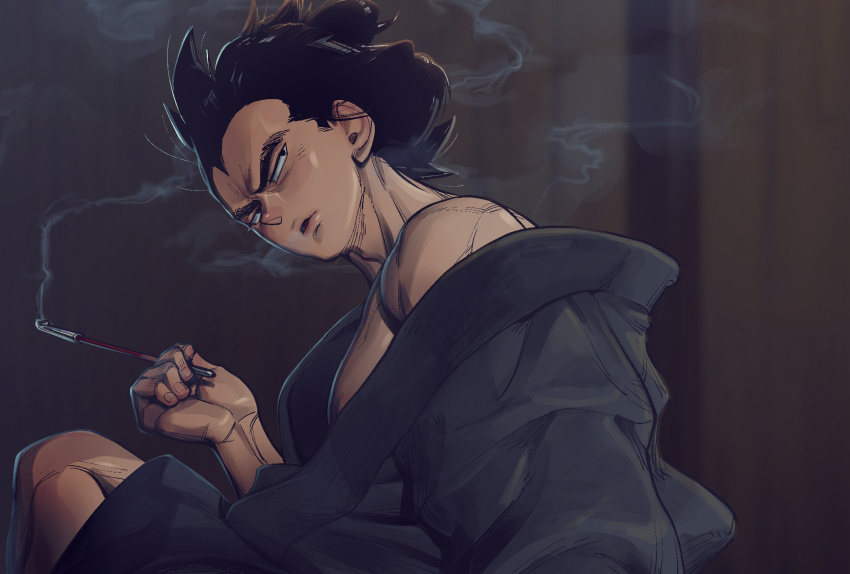 1boy, alternate_hairstyle, bara, bare_pectorals, black_kimono, dark_room, dragon_ball, dragonball_z, feet_out_of_frame, flaring, hair_bun, hand_up, head_tilt, highres, holding, holding_smoking_pipe, japanese_clothes, kimono, limp_wrist_(meme), lips, looking_to_the_side, male_focus, meme, muscular, muscular_male, naked_kimono, off_shoulder, open_mouth, pectorals, receding_hairline, short_hair, sideburns, sitting, smoke, smoking, smoking_pipe, solo, spiked_hair, supobi, thick_eyebrows, turning_head, vegeta