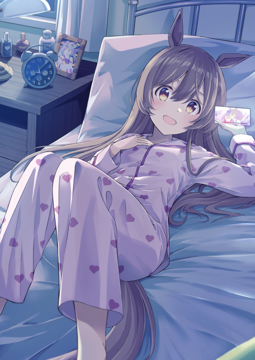 1girl, alarm_clock, alternate_costume, alternate_hairstyle, animal_ears, bed, blush, breasts