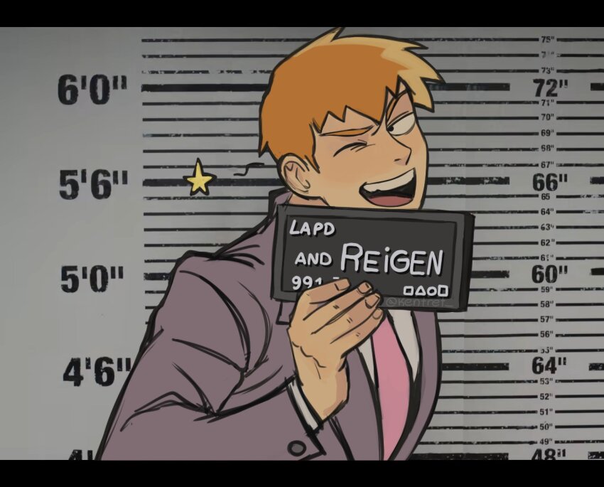 1boy, barbie_(franchise), barbie_(live_action), barbie_mugshot_(meme), brown_jacket, buttoned_cuffs, buttons, character_name