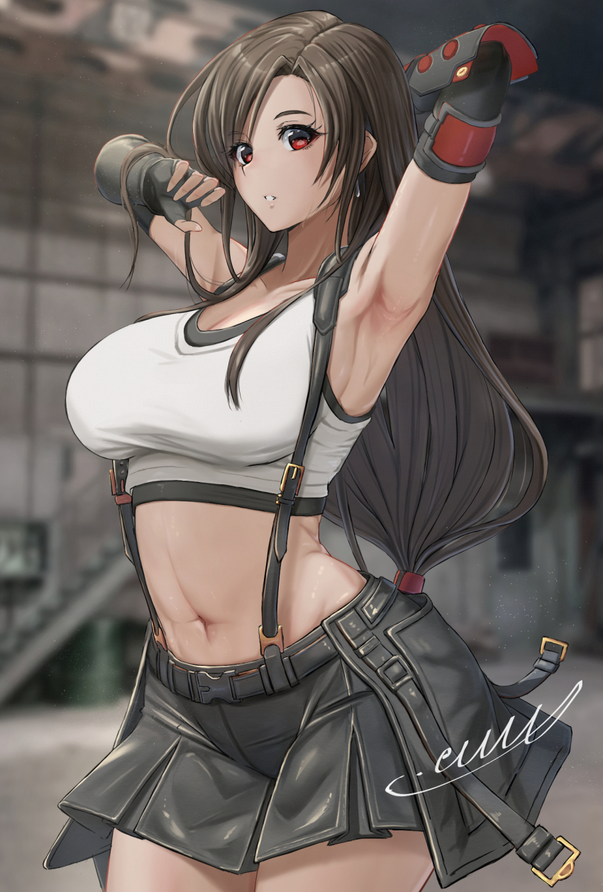 1girl, armpits, arms_up, black_hair, black_skirt, bracer, breasts, brown_hair