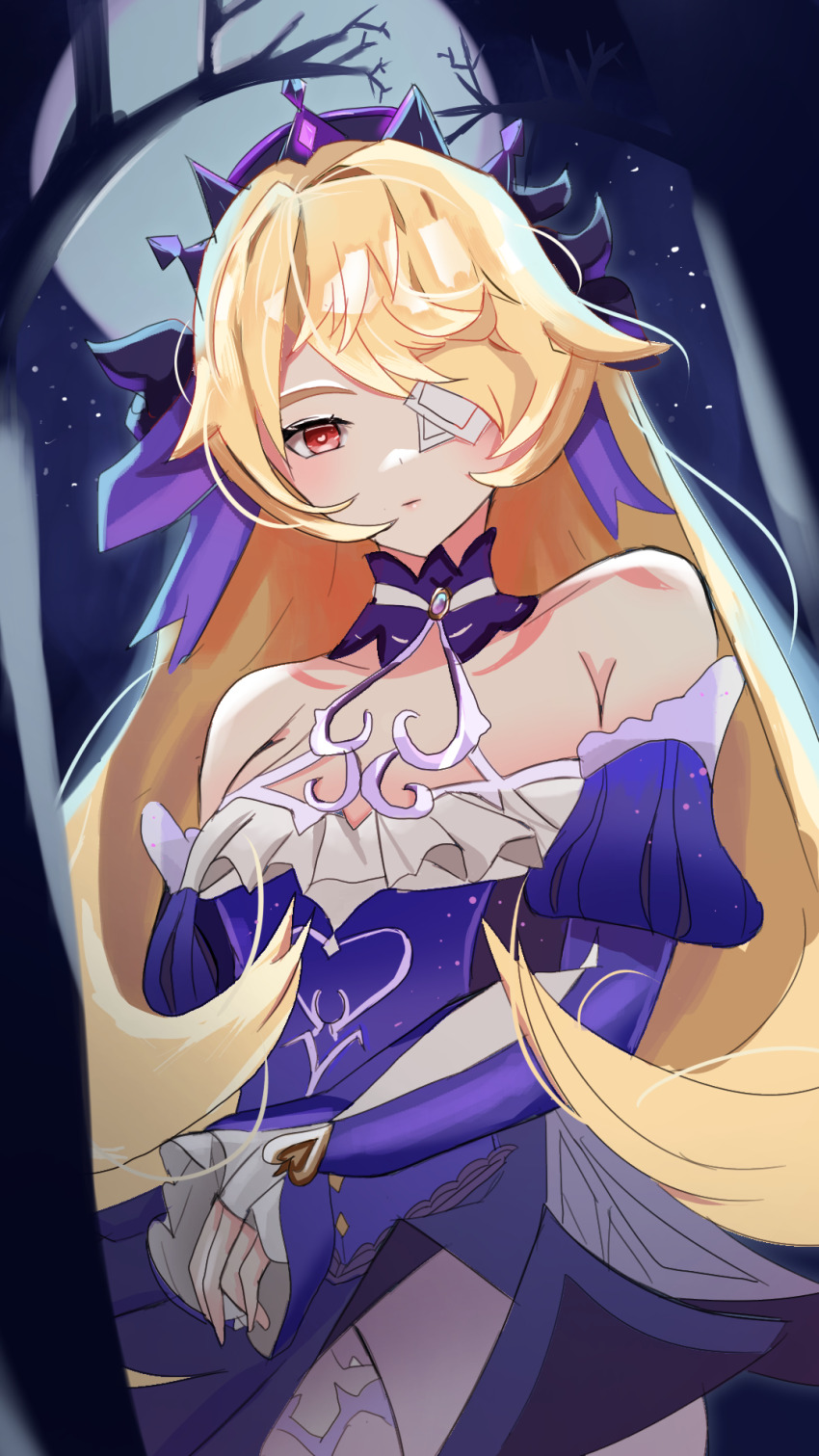 1girl, alternate_eye_color, ananteolas, bare_shoulders, blonde_hair, blush, breasts, castle, choker, cosplay, detached_sleeves, dress, eyepatch, fischl_(ein_immernachtstraum)_(genshin_impact), fischl_(ein_immernachtstraum)_(genshin_impact)_(cosplay), fischl_(genshin_impact), frills, gem, genshin_impact, hair_over_one_eye, hair_ribbon, highres, jewelry, long_hair, long_sleeves, looking_at_viewer, medium_breasts, moon, moonlight, night, official_alternate_costume, official_alternate_eye_color, pantyhose, purple_choker, purple_dress, purple_gem, purple_ribbon, purple_sleeves, red_eyes, ribbon, single_leg_pantyhose, sky, solo, star_(sky), starry_sky, thighhighs, tiara, white_pantyhose, white_thighhighs