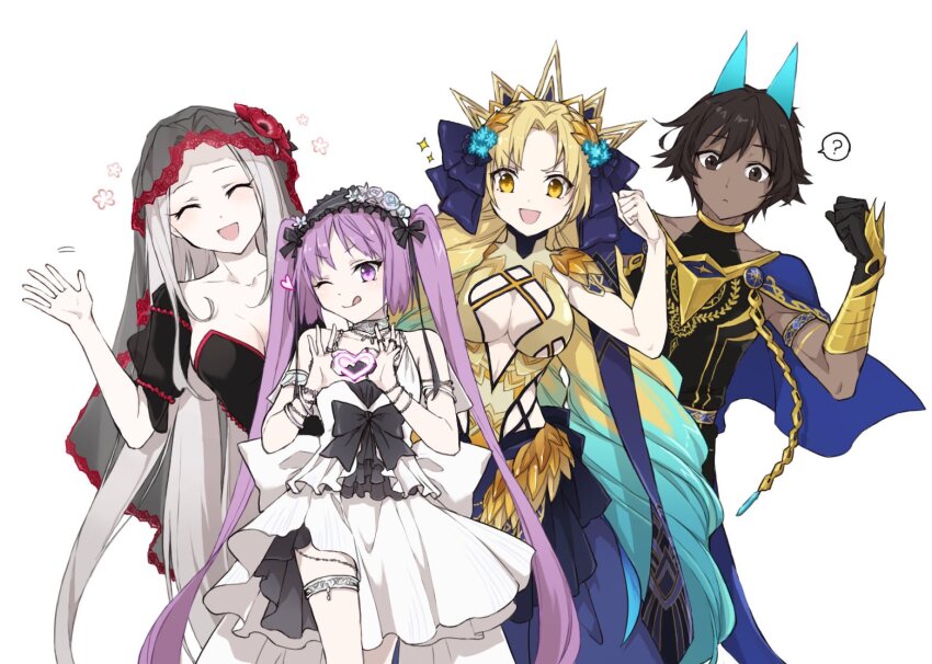 1boy, 3girls, ?, arjuna_(fate), arjuna_alter_(fate), arjuna_alter_(third_ascension)_(fate), armlet, astraea_(fate)