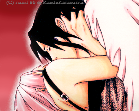 1boy, 1girl, black_hair, couple, green_eyes, haruno_sakura, hetero, kaedekarasuma, kiss, nami64, naruto_(classic), naruto_(series), pink_hair, red_background, simple_background, uchiha_sasuke