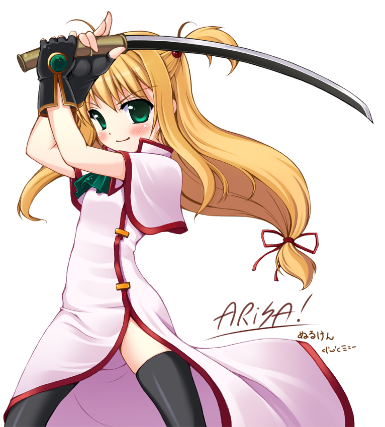 00s, 1girl, arisa_bunnings, blonde_hair, blush, burning_arisa, character_name, female_focus, fingerless_gloves, gloves, green_eyes, hair_bobbles, hair_ornament, long_hair, low-tied_long_hair, lyrical_nanoha, mahou_shoujo_lyrical_nanoha, nullken, solo, sword, thighhighs, weapon
