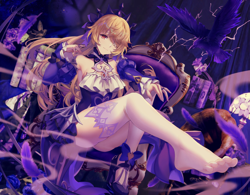 1girl, absurdres, alternate_eye_color, bare_shoulders, barefoot, bat_ornament, bird, black_shoes, blonde_hair, breasts, choker, chuunibyou, cosplay, crow, detached_sleeves, dress, eyepatch, feet, fischl_(ein_immernachtstraum)_(genshin_impact), fischl_(ein_immernachtstraum)_(genshin_impact)_(cosplay), fischl_(genshin_impact), frills, gem, genshin_impact, hair_over_one_eye, hair_ribbon, highres, jewelry, knees_together_feet_apart, legs, long_hair, long_sleeves, medium_breasts, ninelie, no_panties, official_alternate_costume, official_alternate_eye_color, oz_(genshin_impact), pantyhose, purple_choker, purple_dress, purple_gem, purple_ribbon, purple_sleeves, red_eyes, ribbon, shoes, single_leg_pantyhose, smile, soles, solo, thighhighs, thighs, tiara, toes, white_pantyhose, white_thighhighs