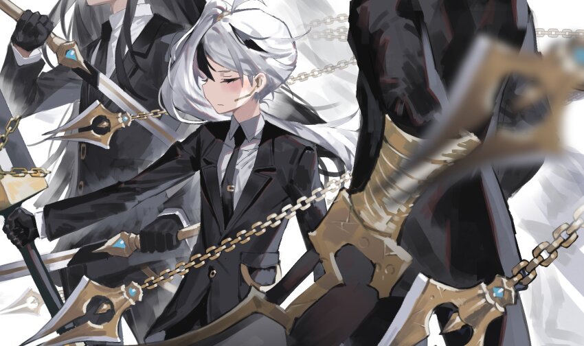 3boys, ahoge, black_gloves, black_hair, black_jacket, black_necktie, chain, closed_eyes