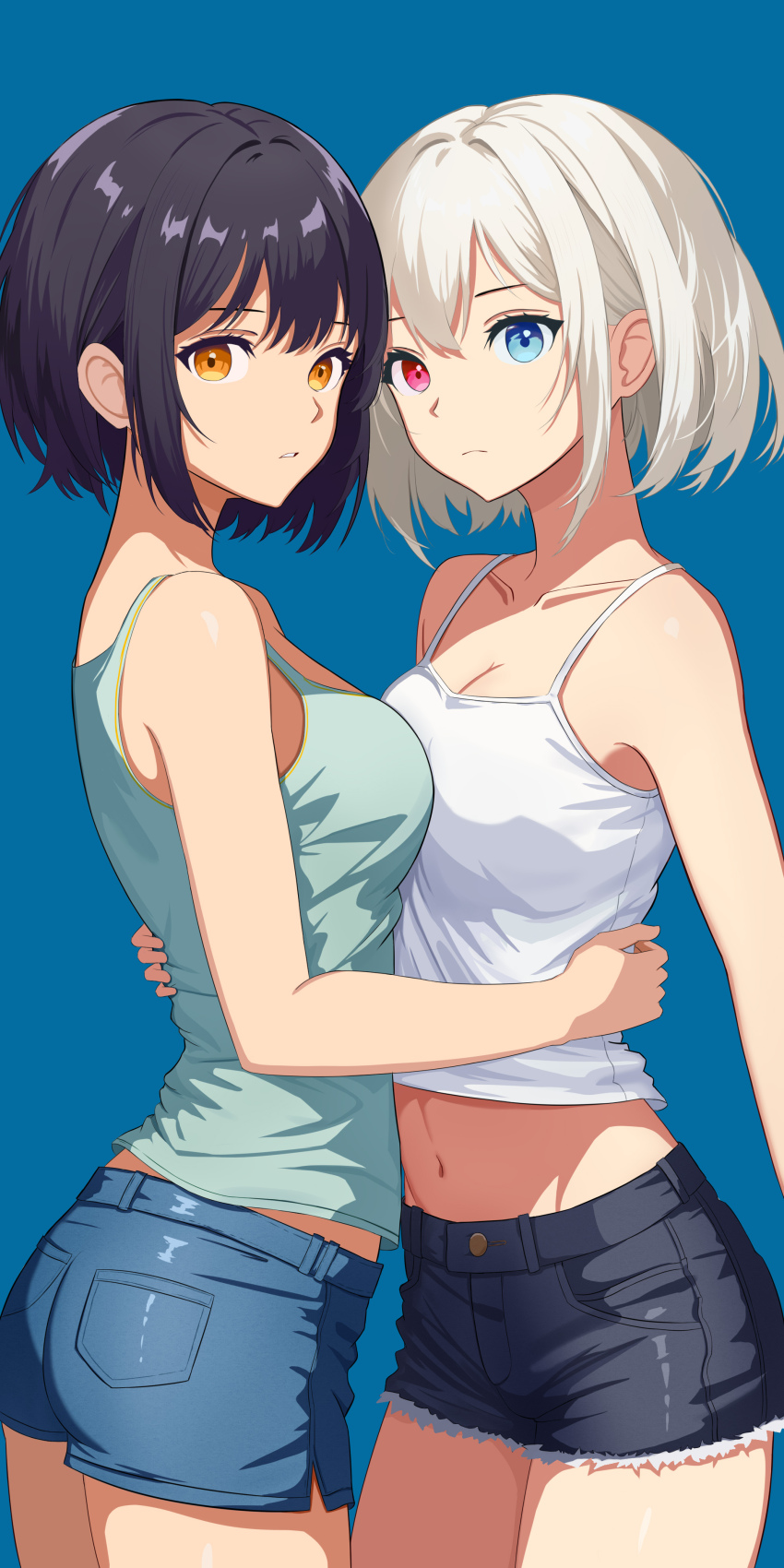 2girls, absurdres, asymmetrical_docking, black_hair, black_shorts, blue_background, blue_eyes, blue_shorts, breast_press, breasts, chinese_commentary, closed_mouth, green_shirt, grey_hair, heterochromia, highres, medium_breasts, multiple_girls, navel, orange_eyes, original, parted_lips, red_eyes, shirt, short_hair, shorts, sidelocks, sleeveless, sleeveless_shirt, small_breasts, white_shirt, youlanling