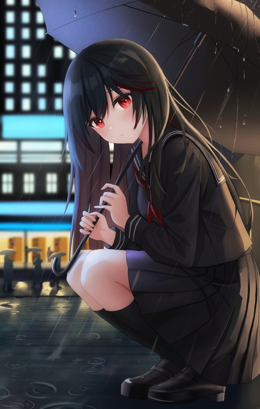 alternate_costume, black_footwear, black_hair, black_sailor_collar, black_serafuku, black_skirt, black_socks, black_umbrella