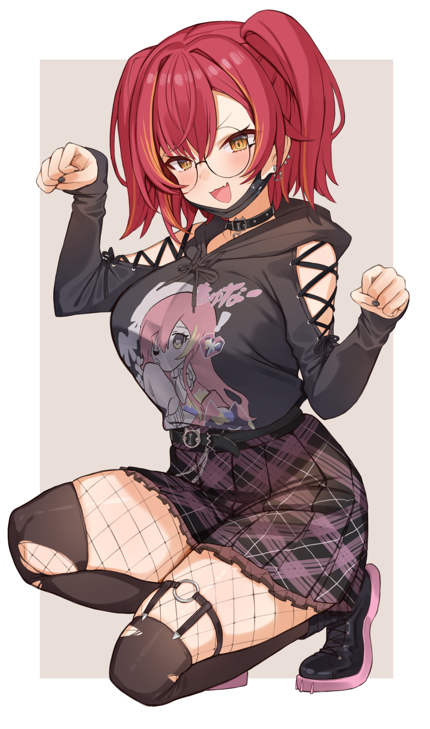 1girl, :3, :d, absurdres, belt, black_belt, black_boots, black_choker, black_hoodie, black_mask, black_nails, blonde_hair, blush, boots, breasts, brown_thighhighs, cat_earrings, character_print, choco_tanuki, choker, clothing_cutout, drawstring, ear_piercing, earrings, fang, fishnet_pantyhose, fishnets, frilled_skirt, frills, highres, hood, hoodie, jewelry, jirai_kei, large_breasts, legwear_garter, long_sleeves, looking_at_viewer, mask_pull, miniskirt, multicolored_hair, nekota_tsuna, nekota_tsuna_(2nd_costume), o-ring, o-ring_legwear_garter, on_one_knee, open_mouth, pantyhose, paw_pose, pendant_collar, piercing, plaid_clothes, plaid_skirt, pleated_skirt, print_hoodie, purple_skirt, red_hair, short_hair, shoulder_cutout, skin_fang, skirt, sleeves_past_wrists, smile, solo, streaked_hair, thigh_strap, thighhighs, thighhighs_over_pantyhose, thighs, torn_clothes, torn_thighhighs, twintails, virtual_youtuber, vspo!, yellow_eyes