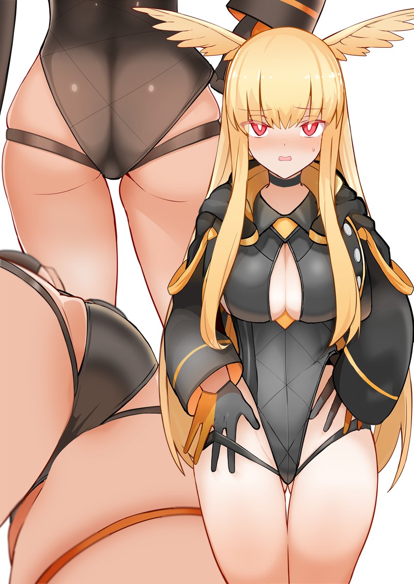 1girl, adjusting_clothes, adjusting_swimsuit, ass, black_one-piece_swimsuit, blonde_hair, blush, breasts