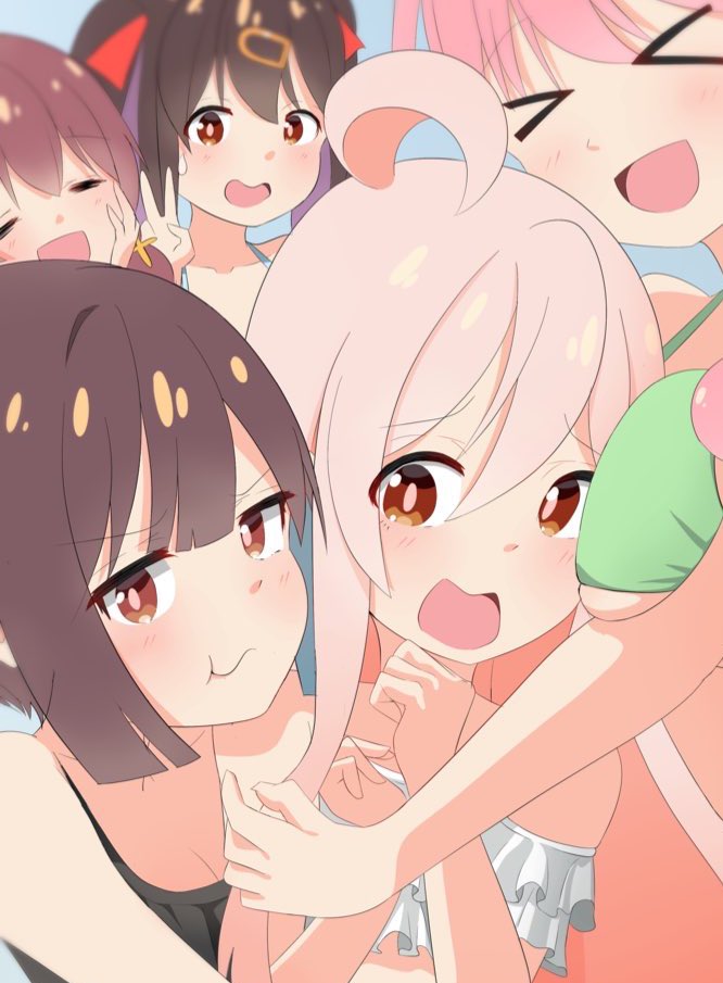 >_<, 5girls, :d, :t, =_=, ahoge, bikini, black_hair, blue_hair, blunt_bangs, blunt_ends, brown_eyes, brown_hair, commentary, girl_sandwich, green_bikini, hair_between_eyes, hair_ornament, hairclip, hand_on_own_cheek, hand_on_own_face, hozuki_kaede, hozuki_momiji, hug, long_hair, multicolored_hair, multiple_girls, murosaki_miyo, numarinko, onii-chan_wa_oshimai!, open_mouth, oyama_mahiro, oyama_mihari, pink_hair, pout, purple_hair, sandwiched, short_hair, smile, swimsuit, two-tone_hair, v, wavy_mouth, xd