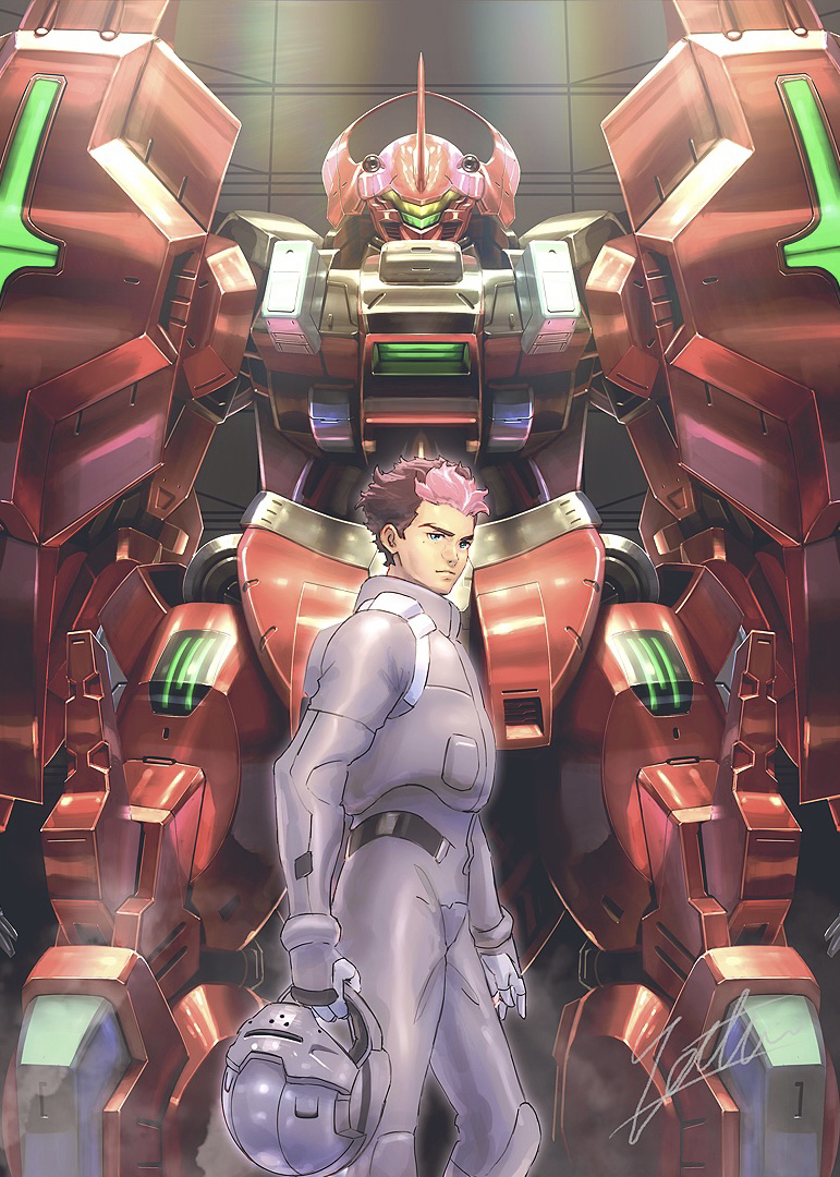 1boy, assault_visor, brown_hair, darilbalde, colored_bangs, guel_jeturk, gundam, gundam_suisei_no_majo