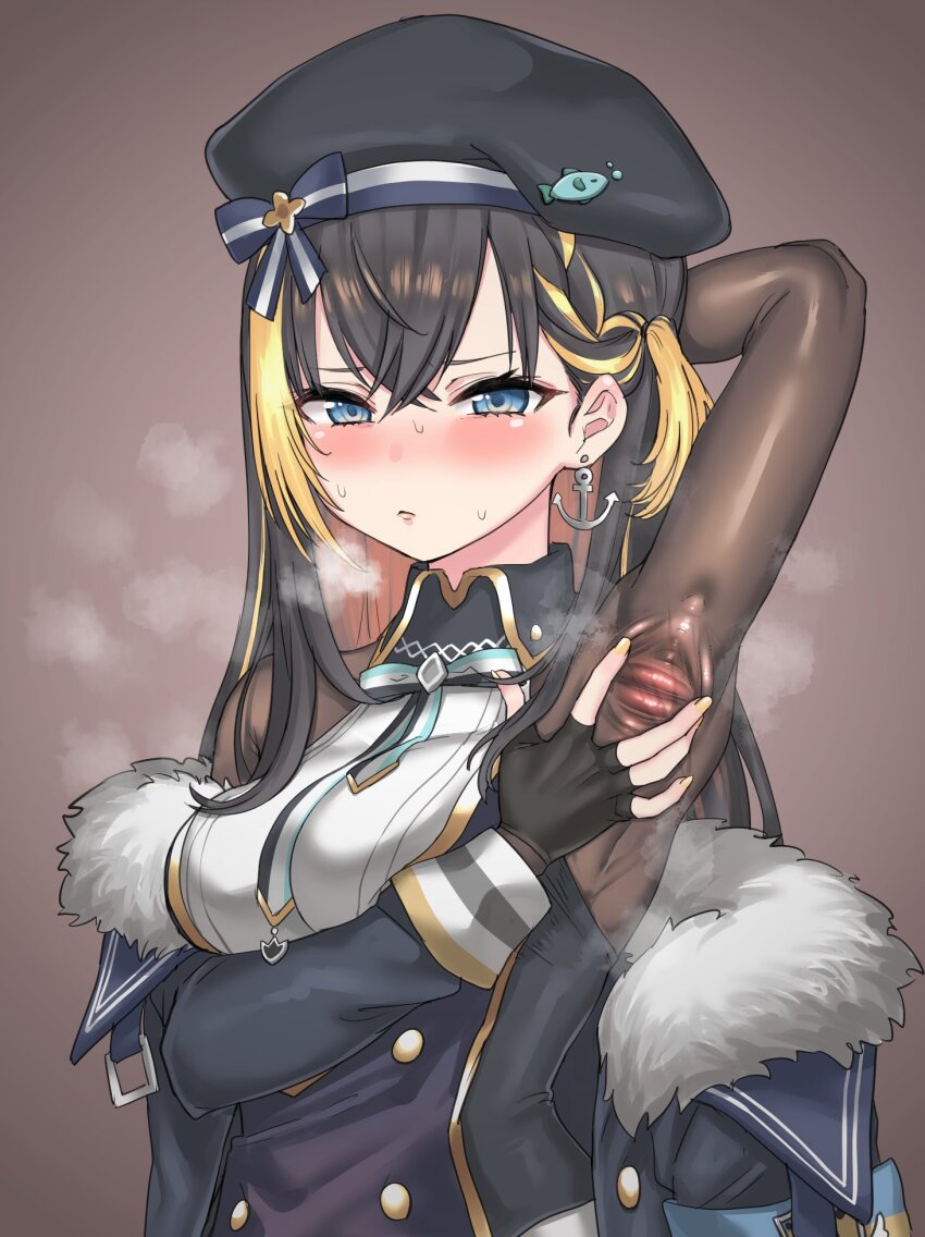 1girl, akkgsyk, armpits, beret, black_hair, blonde_hair, blue_eyes, blush, bodystocking, breasts, earrings, fingerless_gloves, fish_hair_ornament, gloves, hair_ornament, hat, highres, jacket, jacket_partially_removed, jewelry, long_hair, medium_breasts, multicolored_hair, nijisanji, nijisanji_en, official_alternate_costume, open_clothes, open_jacket, petra_gurin, petra_gurin_(2nd_costume), solo, spread_armpit, streaked_hair, virtual_youtuber