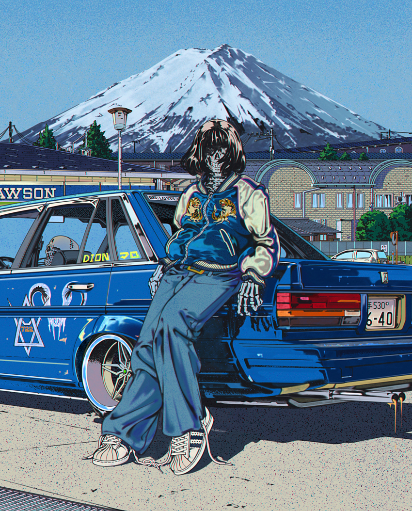 1girl, absurdres, adidas, adidas_superstar, black_hair, blue_pants, car, commentary