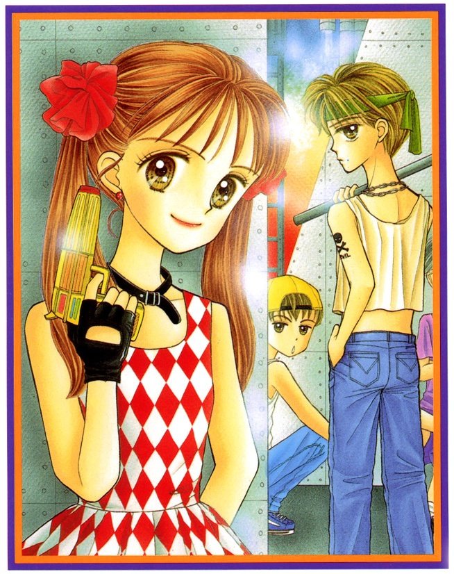 1990s_(style), 1girl, 2boys, 3boys, against_wall, aiming_up, arm_tattoo, arms_behind_back