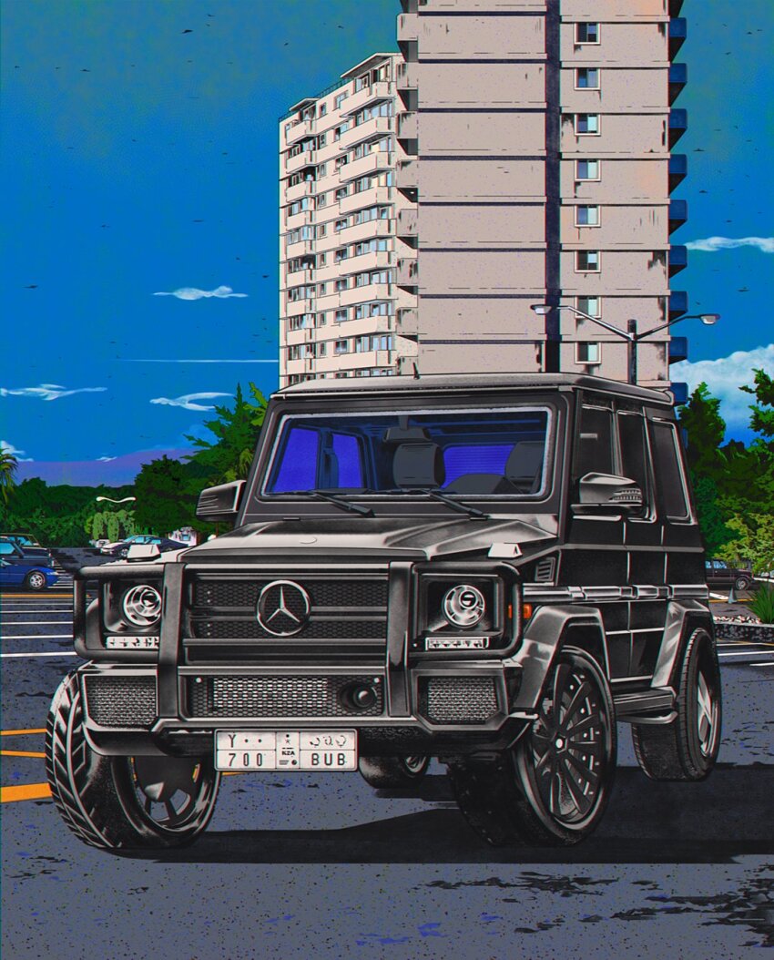arabic_text, car, cloud, highres, lamppost, mercedes-benz, mercedes-benz_g-class, motor_vehicle