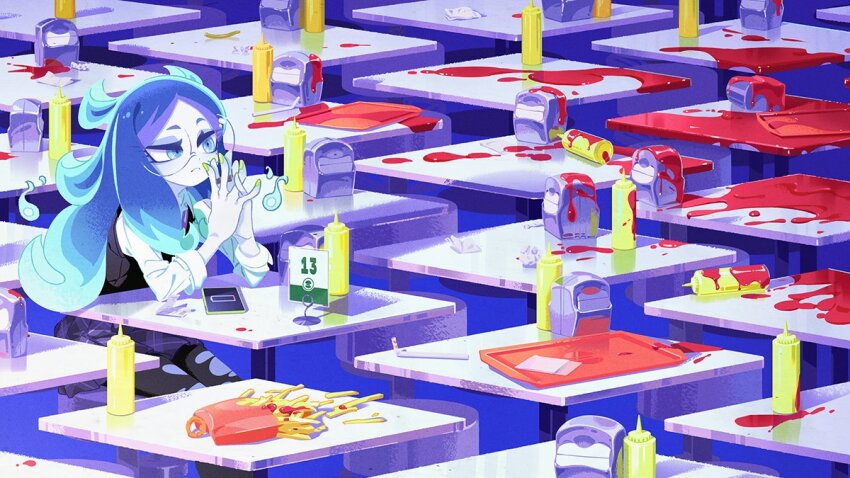 1girl, battery_indicator, black_vest, blue_eyes, blue_hair, cellphone, colored_skin, death