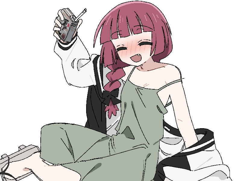 1girl, :d, alcohol, alcohol_carton, bare_shoulders, black_bow, blunt_bangs, blush, bocchi_the_rock!, bow, braid, closed_eyes, collarbone, dress, drink_carton, eezee56, fang, geta, green_dress, hair_bow, hair_over_shoulder, hiroi_kikuri, holding, holding_carton, holding_drink_carton, jacket, long_hair, long_sleeves, multicolored_jacket, open_clothes, open_jacket, open_mouth, purple_hair, simple_background, single_braid, sitting, smile, solo, strap_slip, two-tone_jacket, white_background