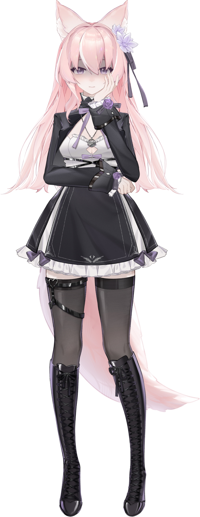1girl, absurdres, animal_ear_fluff, animal_ears, black_boots, black_dress, black_ribbon, black_thighhighs, blunt_ends, boots, bow, breasts, cleavage, cleavage_cutout, closed_mouth, clothing_cutout, dress, dress_bow, expressionless, flower, fox_ears, fox_girl, fox_tail, frilled_dress, frills, full_body, hair_between_eyes, hair_flower, hair_ornament, hair_ribbon, hand_on_own_cheek, hand_on_own_elbow, hand_on_own_face, hand_up, heart, heart_o-ring, highres, indie_virtual_youtuber, jewelry, knee_boots, lace-up_boots, legs_apart, light_smile, long_hair, long_sleeves, looking_at_viewer, medium_breasts, mugetsu_saki, neck_ribbon, necklace, nerosaki, o-ring, o-ring_thigh_strap, pink_hair, pink_tail, purple_bow, purple_eyes, purple_flower, purple_ribbon, purple_rose, ribbon, rose, shaded_face, short_dress, solo, standing, tachi-e, tail, thigh_strap, thighhighs, turtleneck, turtleneck_dress, virtual_youtuber, white_background