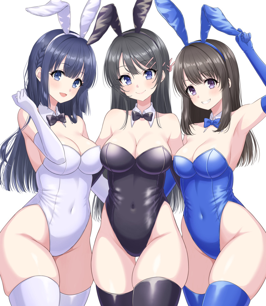 3girls, animal_ears, black_bow, black_bowtie, black_gloves, black_hair, black_leotard, black_thighhighs