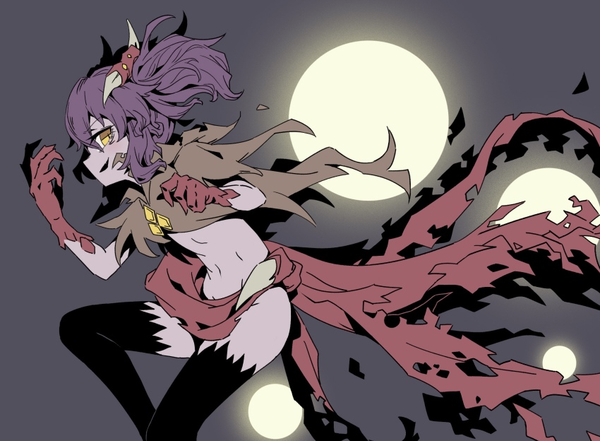 1girl, alasharx, black_thighhighs, brown_capelet, capelet, colored_skin, fang, gloves, grey_background, highres, lec_(sequel), navel, purple_hair, purple_skin, red_gloves, sequel_(series), sequel_awake, short_hair, sideways_mouth, skin_fang, smile, solo, thighhighs, torn_capelet, torn_clothes, twintails, yellow_eyes