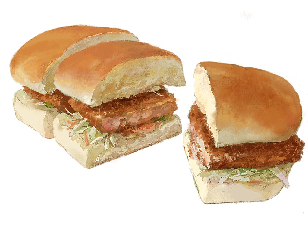 bread, cabbage, food, food_focus, katsu_(food), no_humans, original, simple_background, sparkle, still_life, user_wfxj3475, white_background