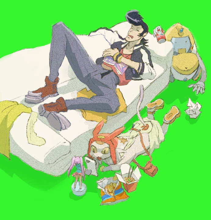 2boys, black_hair, brown_footwear, can, closed_eyes, couch, dandy_(space_dandy), figure, green_background, grey_pants, long_sleeves, male_focus, meow_(space_dandy), multiple_boys, pants, parted_lips, pompadour, print_shirt, qt_(space_dandy), red_shirt, shadow, shirt, shoes, simple_background, space_dandy, trash, user_wfxj3475