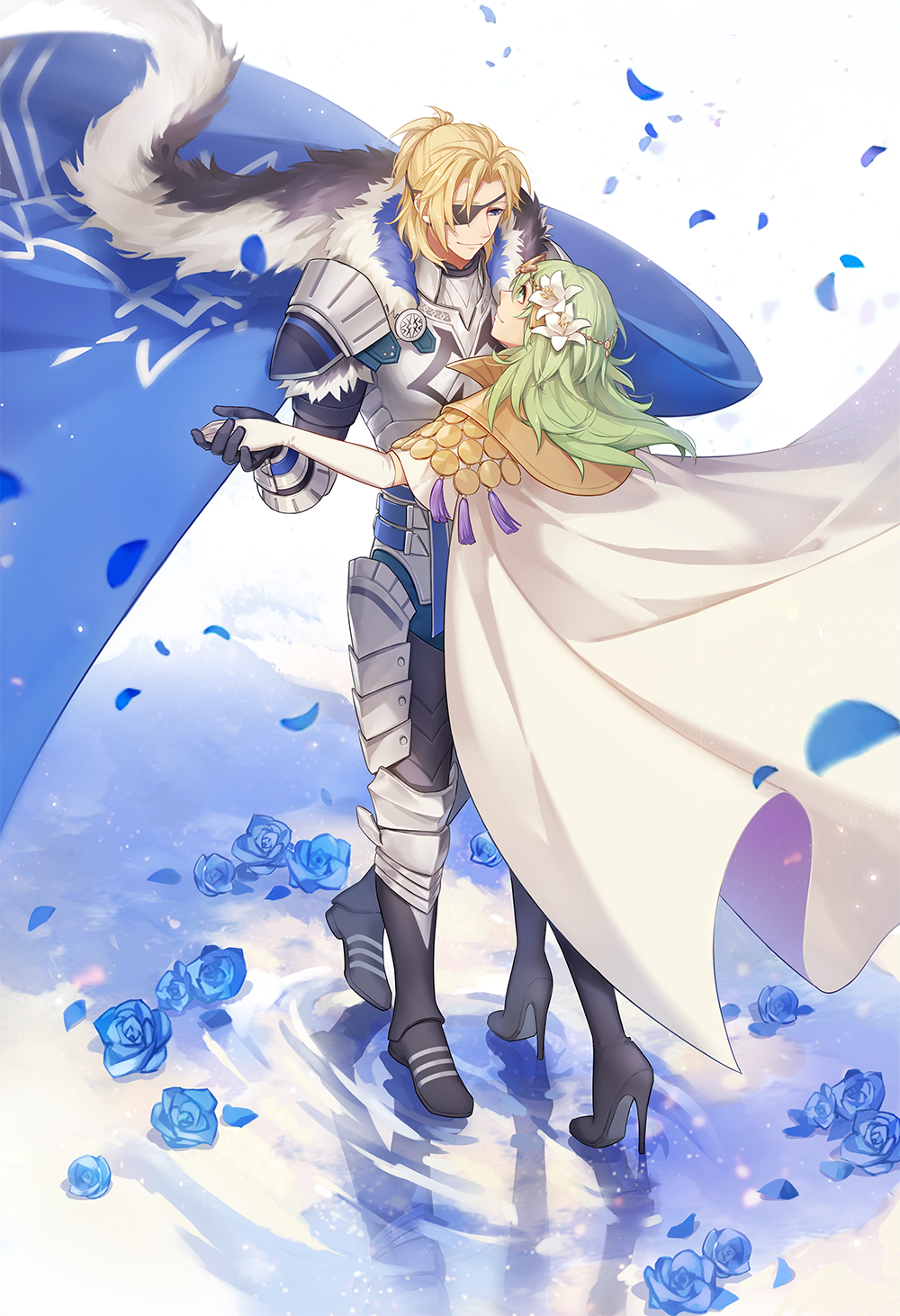 1boy, 1girl, armor, armored_boots, black_footwear, black_gloves, blonde_hair, blue_cape, blue_eyes, blue_flower, blue_pants, blue_rose, boots, cape, circlet, closed_mouth, commentary, dancing, dimitri_alexandre_blaiddyd, dimitri_alexandre_blaiddyd_(king_of_faerghus), dimitri_alexandre_blaiddyd_(timeskip), elbow_gloves, english_commentary, eye_contact, eyepatch, falling_petals, female_byleth_(awakened)_(fire_emblem), female_byleth_(enlightened_one)_(fire_emblem), female_byleth_(fire_emblem), fire_emblem, fire_emblem:_three_houses, floating_cape, flower, full_body, fur-trimmed_cape, fur_trim, gloves, green_eyes, green_hair, hair_between_eyes, hair_flower, hair_ornament, half_updo, head_chain, high_heel_boots, high_heels, highres, holding_hands, jewelry, lily_(flower), long_hair, looking_at_another, medium_hair, nintendo, pants, parted_bangs, petals, poleyn, reflection, reflective_liquid, ripples, rose, ruru_(lulubuu), shoulder_armor, smile, standing, standing_on_liquid, tassel, thigh_boots, vambraces, white_cape, white_flower, white_gloves