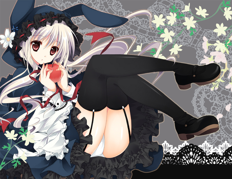 1girl, animal_ears, apple, bad_id, bad_pixiv_id, black_thighhighs, female_focus, flower