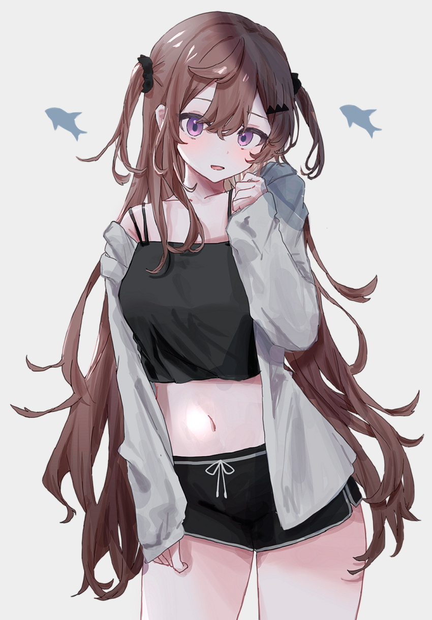 1girl, black_camisole, black_scrunchie, black_shorts, brown_hair, camisole, cowboy_shot, dolphin_shorts